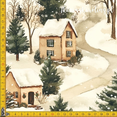 TKANINA WODOODPORNA OXFORD Wzory świąteczne - jasnobeżowe chatki na śniegu