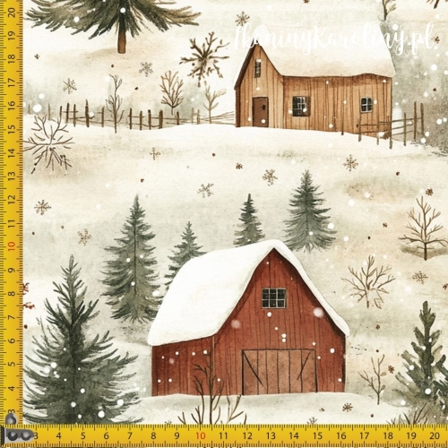 TKANINA WODOODPORNA OXFORD Wzory świąteczne - brązowe i beżowe chatki na śniegu (jasne tło)