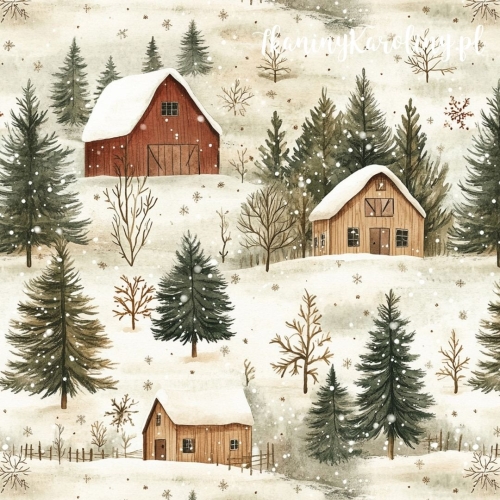 SOFTSHELL WODOODPORNY Wzory świąteczne - brązowe i beżowe chatki na śniegu (jasne tło)