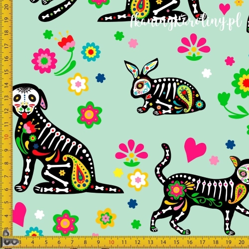 TKANINA WODOODPORNA OXFORD Halloween, Día de los Muertos - zwierzęta w kwiatach na mięcie