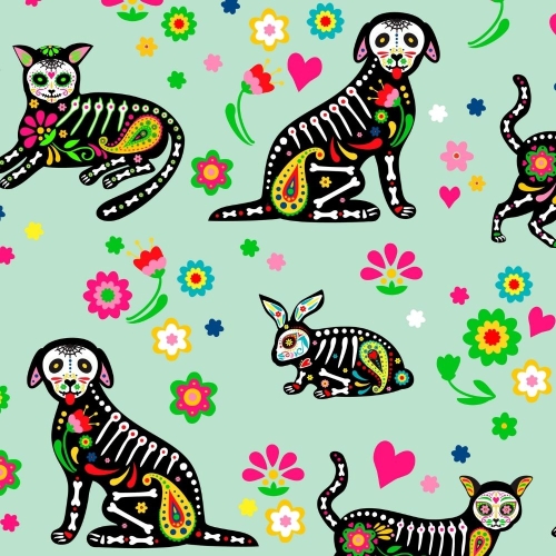 SOFTSHELL WODOODPORNY Halloween, Día de los Muertos - zwierzęta w kwiatach na mięcie