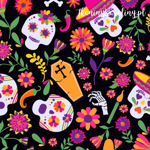 SOFTSHELL WODOODPORNY Halloween, Día de los Muertos - czaszki w kapeluszach i bez, papryczki, trumny, kwiaty na czarnym tle