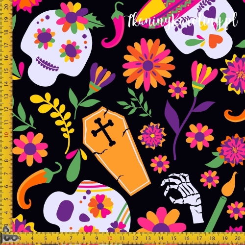 SOFTSHELL WODOODPORNY Halloween, Día de los Muertos - czaszki w kapeluszach i bez, papryczki, trumny, kwiaty na czarnym tle