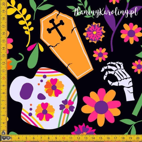 WELUR TAPICERSKI Halloween, Día de los Muertos - czaszki w kapeluszach i bez, papryczki, trumny, kwiaty na czarnym tle