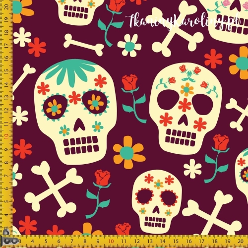 TKANINA WODOODPORNA OXFORD Halloween, Día de los Muertos - czaszki w kwiatach, róże, skrzyżowane piszczele na brązie
