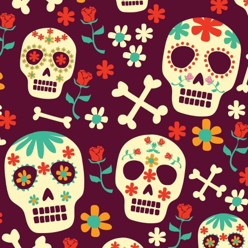 WELUR TAPICERSKI Halloween, Día de los Muertos - czaszki w kwiatach, róże, skrzyżowane piszczele na brązie