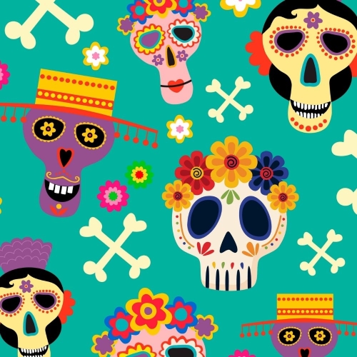 WELUR TAPICERSKI Halloween, Día de los Muertos - czaszki w kwiatach, skrzyżowane piszczele na turkusie