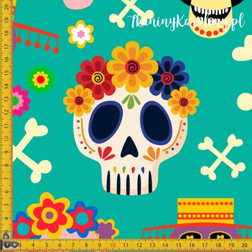 WELUR TAPICERSKI Halloween, Día de los Muertos - czaszki w kwiatach, skrzyżowane piszczele na turkusie