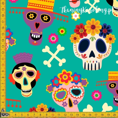 TKANINA WODOODPORNA OXFORD Halloween, Día de los Muertos - czaszki w kwiatach, skrzyżowane piszczele na turkusie