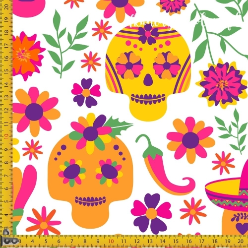 TKANINA WODOODPORNA OXFORD Halloween, Día de los Muertos - neonowe czaszki w kwiatach na jasnym tle