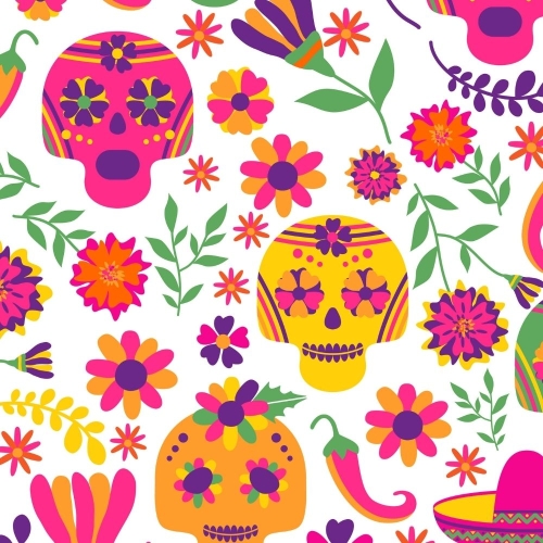 WELUR TAPICERSKI Halloween, Día de los Muertos - neonowe czaszki w kwiatach na jasnym tle