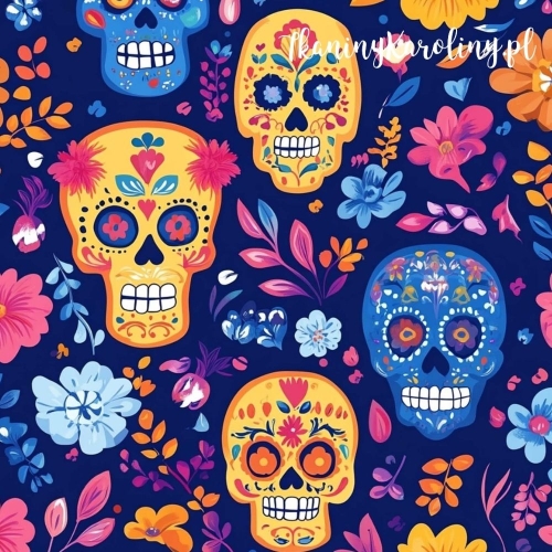 WELUR TAPICERSKI Halloween, Día de los Muertos - czaszki w różowych i niebieskich kwiatach na ciemnym granacie
