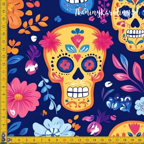 WELUR TAPICERSKI Halloween, Día de los Muertos - czaszki w różowych i niebieskich kwiatach na ciemnym granacie