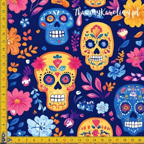 SOFTSHELL WODOODPORNY Halloween, Día de los Muertos - czaszki w różowych i niebieskich kwiatach na ciemnym granacie