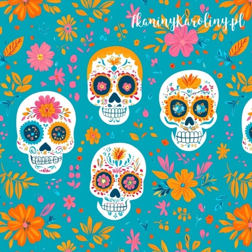 SOFTSHELL WODOODPORNY Halloween, Día de los Muertos - białe czaszki na turkusie, żółte i różowe kwiaty