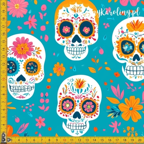 SOFTSHELL WODOODPORNY Halloween, Día de los Muertos - białe czaszki na turkusie, żółte i różowe kwiaty