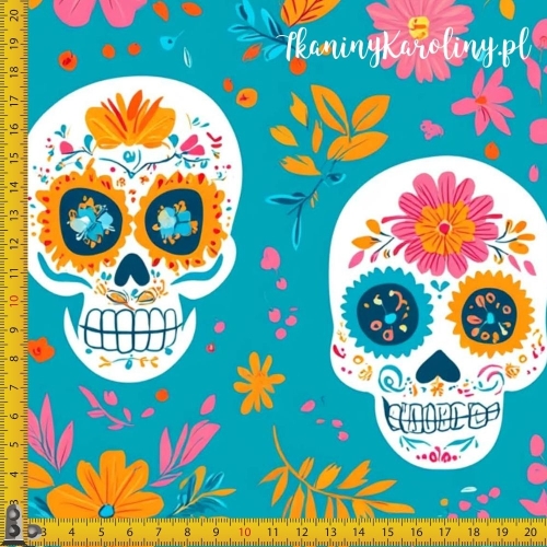 WELUR TAPICERSKI Halloween, Día de los Muertos - białe czaszki na turkusie, żółte i różowe kwiaty