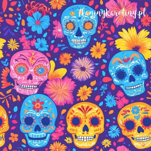 WELUR TAPICERSKI Halloween, Día de los Muertos - żółte, niebieskie i różowe czaszki w kwiatach na ciemnym fiolecie