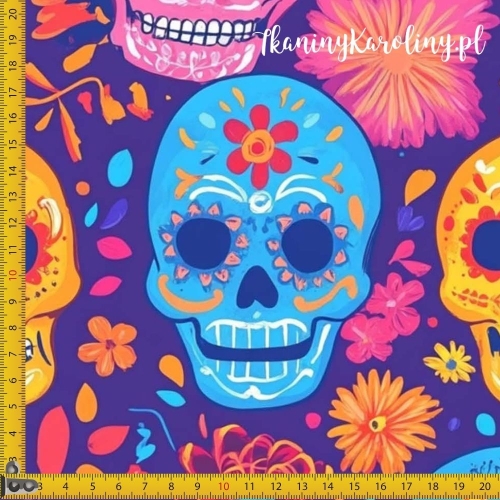 WELUR TAPICERSKI Halloween, Día de los Muertos - żółte, niebieskie i różowe czaszki w kwiatach na ciemnym fiolecie