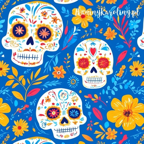 TKANINA WODOODPORNA OXFORD Halloween, Día de los Muertos - białe czaszki, żółte i pomarańczowe kwiaty na niebieskim tle