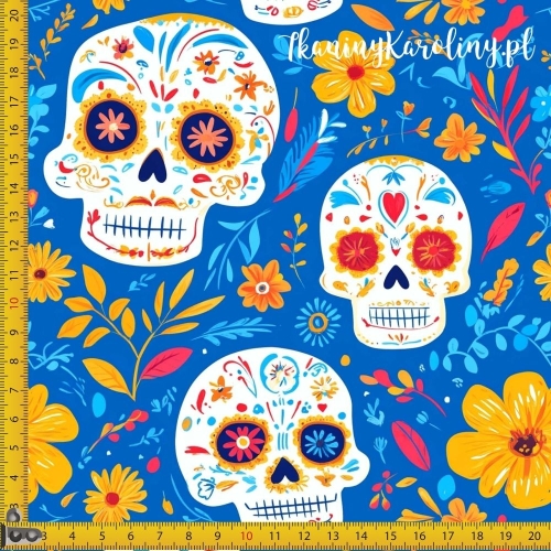 TKANINA WODOODPORNA OXFORD Halloween, Día de los Muertos - białe czaszki, żółte i pomarańczowe kwiaty na niebieskim tle