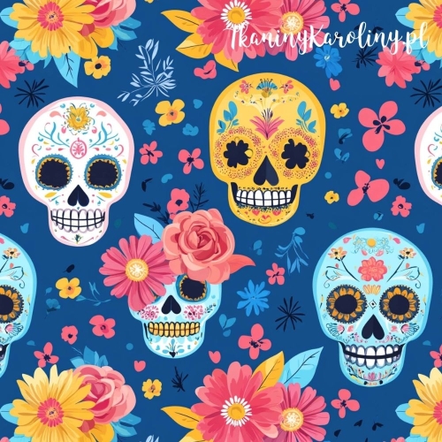 TKANINA WODOODPORNA OXFORD Halloween, Día de los Muertos - białe, niebieskie i żółte czaszki, różowe i żółte kwiaty na granacie
