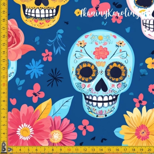 WELUR TAPICERSKI Halloween, Día de los Muertos - białe, niebieskie i żółte czaszki, różowe i żółte kwiaty na granacie