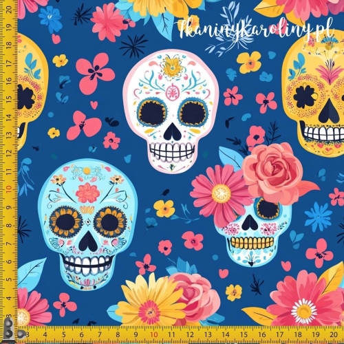 SOFTSHELL WODOODPORNY Halloween, Día de los Muertos - białe, niebieskie i żółte czaszki, różowe i żółte kwiaty na granacie