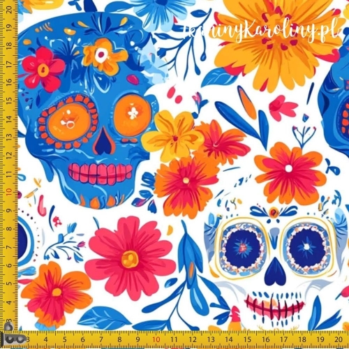 WELUR TAPICERSKI Halloween, Día de los Muertos - białe i niebieskie czaszki, żółte i pomarańczowe kwiaty na jasnym tle