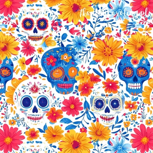 TKANINA WODOODPORNA OXFORD Halloween, Día de los Muertos - białe i niebieskie czaszki, żółte i pomarańczowe kwiaty na jasnym tle