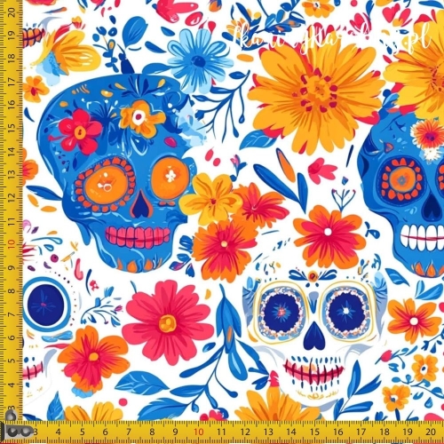 TKANINA WODOODPORNA OXFORD Halloween, Día de los Muertos - białe i niebieskie czaszki, żółte i pomarańczowe kwiaty na jasnym tle
