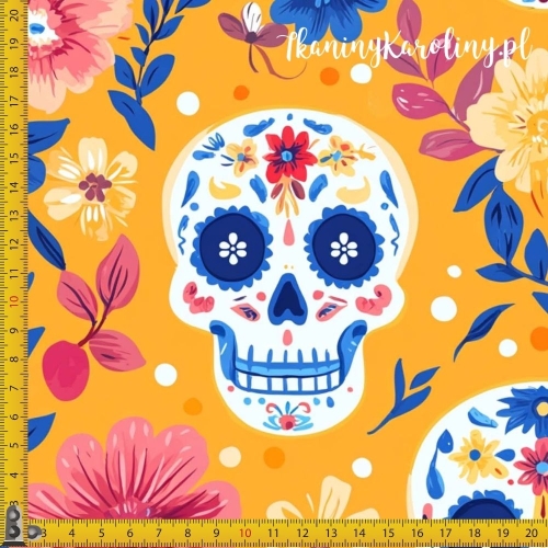 WELUR TAPICERSKI Halloween, Día de los Muertos - białe czaszki w kwiatach i kropki na pomarańczowym tle