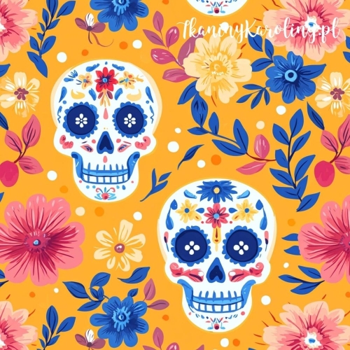 SOFTSHELL WODOODPORNY Halloween, Día de los Muertos - białe czaszki w kwiatach i kropki na pomarańczowym tle