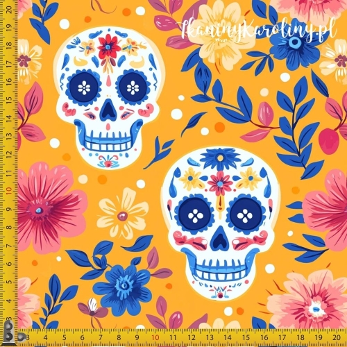 SOFTSHELL WODOODPORNY Halloween, Día de los Muertos - białe czaszki w kwiatach i kropki na pomarańczowym tle