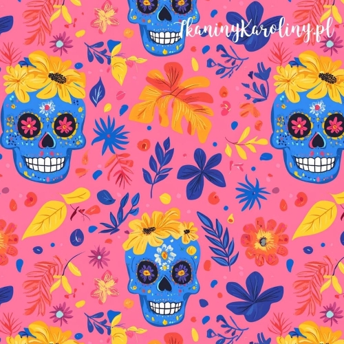 SOFTSHELL WODOODPORNY Halloween, Día de los Muertos - granatowe czaszki na ciemnoróżowym tle w liściach i kwiaty