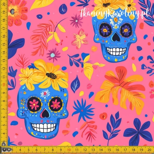 SOFTSHELL WODOODPORNY Halloween, Día de los Muertos - granatowe czaszki na ciemnoróżowym tle w liściach i kwiaty