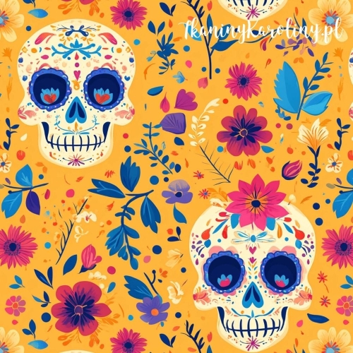 SOFTSHELL WODOODPORNY Halloween, Día de los Muertos - kremowe czaszki w czerwonym kwiatach na pomarańczowym tle