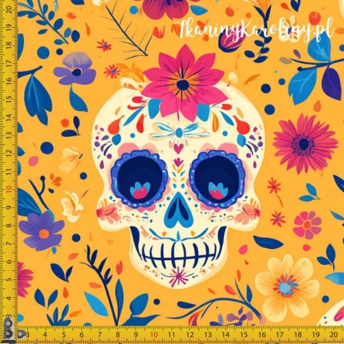 WELUR TAPICERSKI Halloween, Día de los Muertos - kremowe czaszki w czerwonym kwiatach na pomarańczowym tle