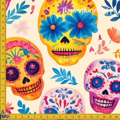 WELUR TAPICERSKI Halloween, Día de los Muertos - różowe i pomarańczowe czaszki, niebieskie kwiaty zamiast oczu na kremowym tle