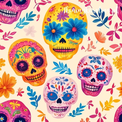 TKANINA WODOODPORNA OXFORD Halloween, Día de los Muertos - różowe i pomarańczowe czaszki, niebieskie kwiaty zamiast oczu na kremowym tle