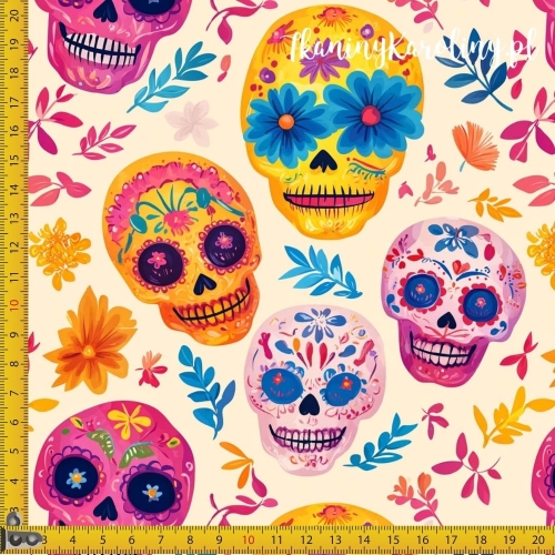 TKANINA WODOODPORNA OXFORD Halloween, Día de los Muertos - różowe i pomarańczowe czaszki, niebieskie kwiaty zamiast oczu na kremowym tle
