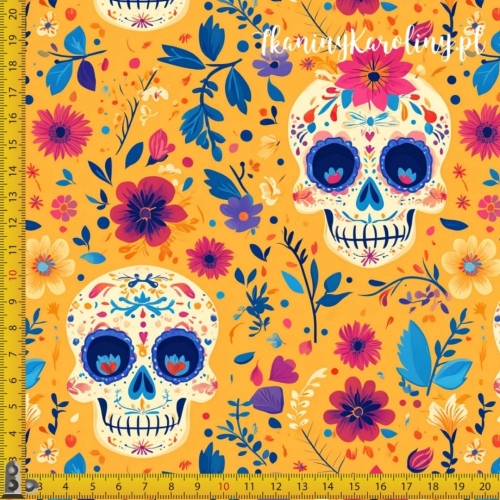 SOFTSHELL WODOODPORNY Halloween, Día de los Muertos - kremowe czaszki w czerwonym kwiatach na pomarańczowym tle