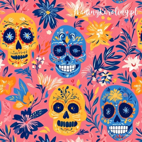 SOFTSHELL WODOODPORNY Halloween, Día de los Muertos - żółte i niebieskie czaszki i kwiaty na różowym tle