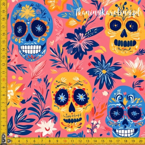 SOFTSHELL WODOODPORNY Halloween, Día de los Muertos - żółte i niebieskie czaszki i kwiaty na różowym tle