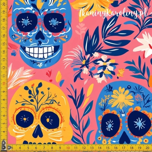 WELUR TAPICERSKI Halloween, Día de los Muertos - żółte i niebieskie czaszki i kwiaty na różowym tle