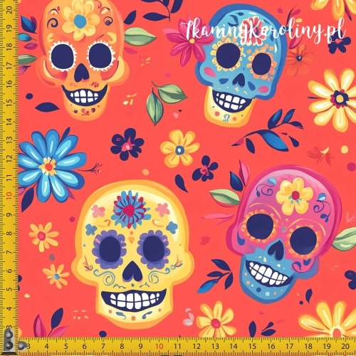 SOFTSHELL WODOODPORNY Halloween, Día de los Muertos -błękitne, żółte, różowe i pomarańczowe czaszki na ciemnym pomarańczu [6-8]