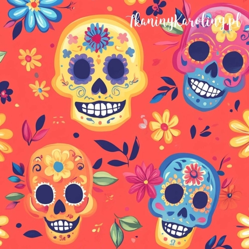 WELUR TAPICERSKI Halloween, Día de los Muertos -błękitne, żółte, różowe i pomarańczowe czaszki na ciemnym pomarańczu