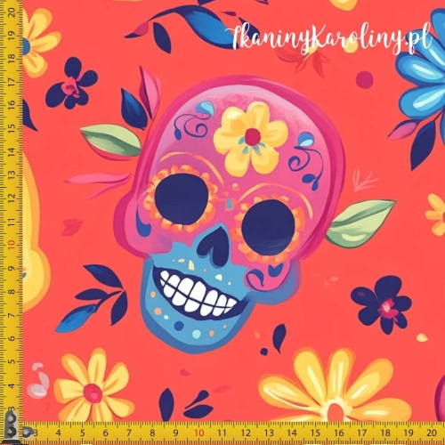 WELUR TAPICERSKI Halloween, Día de los Muertos -błękitne, żółte, różowe i pomarańczowe czaszki na ciemnym pomarańczu