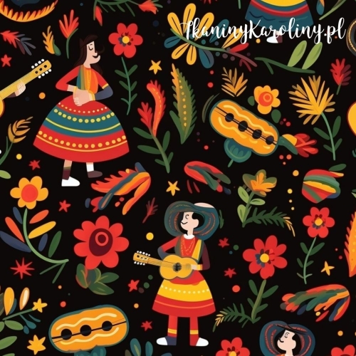 SOFTSHELL WODOODPORNY Halloween, Día de los Muertos - Mariachi na czarnym tle w kwiatach