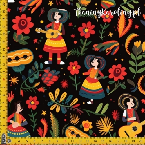 SOFTSHELL WODOODPORNY Halloween, Día de los Muertos - Mariachi na czarnym tle w kwiatach